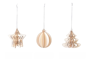 Three DIY 3D wooden Christmas ornaments including star, ball, and tree shapes