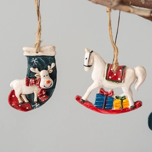 Resin Christmas Tree Hanging Ornaments Hand Painted Reindeer Stocking Rocking Horse Sleigh Holiday Decorations