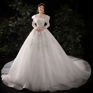 Robe De Mariée Élégante En Dentelle Française Manches Longues Taille Haute Tulle Paillettes Dos Nu Traîne Longue Femme