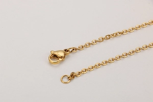 Close-up of golden necklace chain featuring a secure spring clasp on a clean background