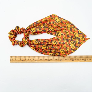 Halloween pumpkin print satin scrunchie with streamer for ponytail hairstyling