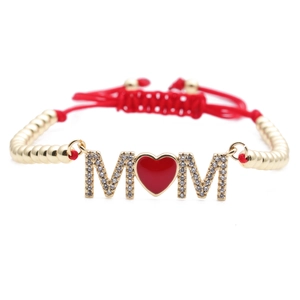 Gold MOM love chain bracelet with red woven rope and micro-pave cubic zirconia