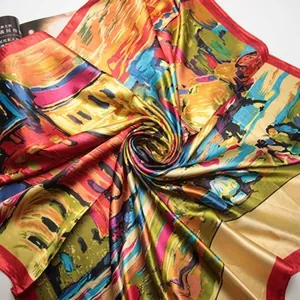 Detailed close-up of vibrant abstract oil painting print on silk satin square scarf