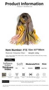 Detail guide showing 65x180cm polyester plaid scarf dimensions and soft washing instructions