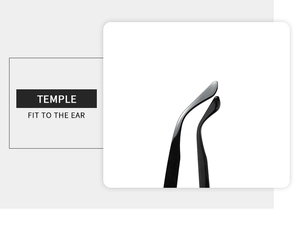 Detail view of ergonomic black temples designed for a secure fit to the ear
