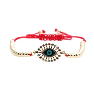 Gold evil eye bead bracelet with colorful zircons and adjustable red braided cord