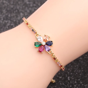 Adjustable gold chain bracelet featuring a colorful zircon flower with teardrop petals