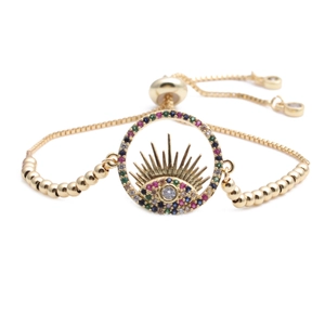 Verstellbares goldenes Evil Eye Armband mit bunten Zirkoniasteinen im Micro-Pave-Stil
