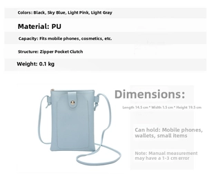 Tableau des tailles et détails techniques pour le petit sac à bandoulière en cuir PU bleu clair