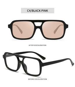 Detail of square double bridge frame sunglasses showing photochromic lens color change