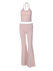 Pink halter neck crop top and high waist flared pants two-piece set in knit fabric