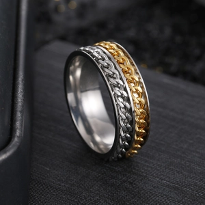 Detail shot of the two-tone gold and silver chain link texture on the steel spinner ring