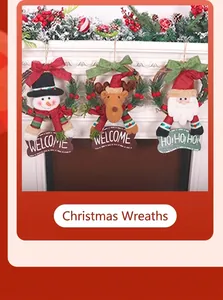 Detailed view of Christmas rattan wreaths with Santa, reindeer and snowman plush figures
