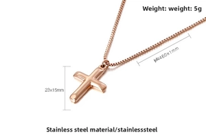 Detailed view of rose gold cross pendant necklace with product dimensions and weight