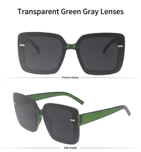 Detail view of transparent green square sunglasses with dark grey lenses and metal trim