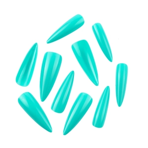 Detail of turquoise long stiletto fake nails showing assorted sizes on white background