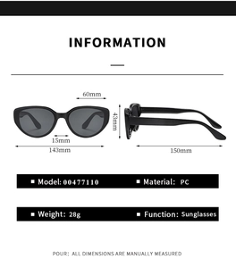 Detailed size chart for black cat eye sunglasses showing 60mm lens and 143mm frame width
