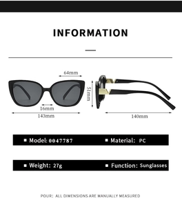 Detail view of square black sunglasses with iconic gold V metal logo on the temples