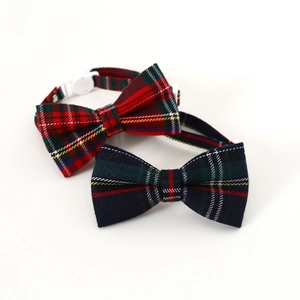 Plaid Christmas pet collars with bow ties and buckle in red and blue fabric patterns