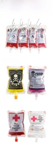 Detail of 250ml Halloween blood bags and poison drink pouches with twist caps