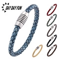Detail of woven leather bracelets with cylindrical magnetic clasps in multiple colors