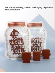 Detail of 6-piece bear and toast shaped makeup sponges in a creative mason jar pouch