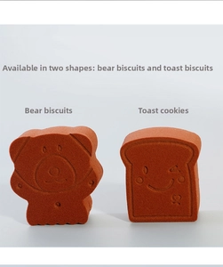 Macro detail of bear and toast shaped makeup sponges with soft polyurethane texture