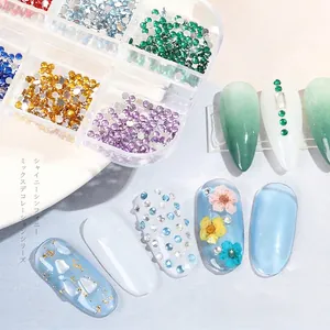 12-grid nail art crystal set with multi-colored glass rhinestones and pearls