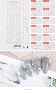 Detailed set of white and AB iridescent nail pearls in a 12-slot storage box