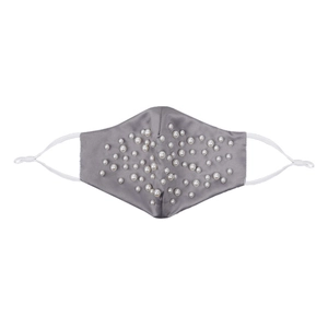 Detailed view of gray satin mask with elegant pearl embellishments and adjustable ear straps