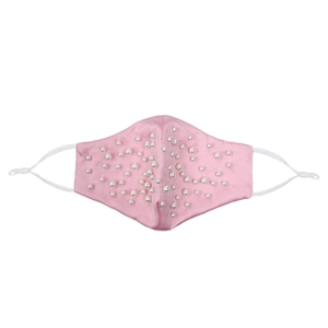 Detailed view of pink satin mask with hand-sewn pearls and adjustable ear loops