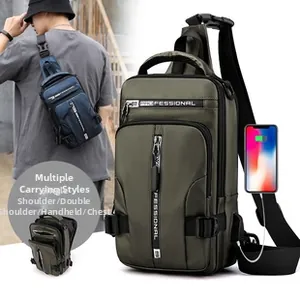 Detail of waterproof nylon chest bag with USB port and multiple zippered compartments