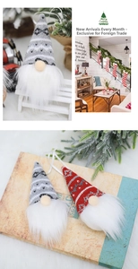 Close-up of knit Christmas gnome ornaments with snowflake patterns and faux fur beards