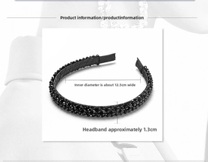 Detail showing 1.3cm width and 12.5cm diameter of black crystal beaded headband