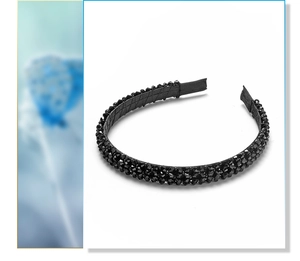 Close-up of four rows of sparkling black crystal beads on a luxury luxury headband