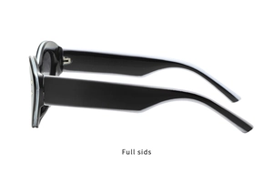 Vue latérale de lunettes de soleil ovales noires brillantes avec branches larges et détails