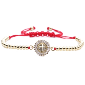 Religiöses Kreuz-Armband mit Goldperlen, Zirkonia-Mikropflaster und roter Kordel