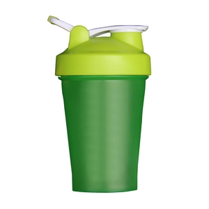 Portable fitness protein shaker bottle with scale in green and white lid on white background