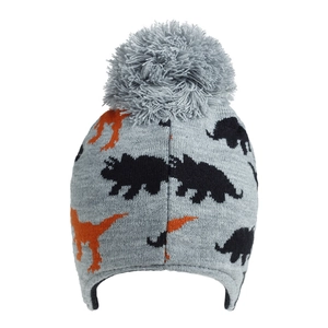 Close-up of kids dinosaur knit hat with grey pom pom and ear flaps for winter warmth