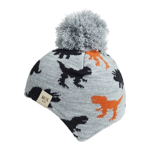 Detail of grey knitted baby earflap hat with orange and black dinosaur jacquard patterns