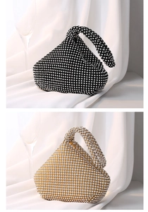 Elegant black and gold rhinestone evening clutches shown with luxurious silk backdrop