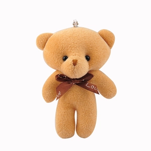 Light brown plush teddy bear keychain with metal chain and Love ribbon bow decoration