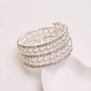 Elegant multi-layer pearl and rhinestone bracelet with silver finish and shiny crystals