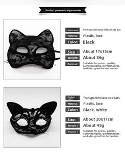 Detailed size specifications for two black lace cat ear masks for parties and cosplay