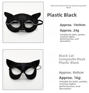 Detailed size and weight chart for black rhinestone and plain plastic cat masks