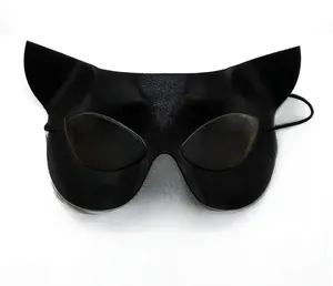 Detail of a black faux leather cat ear mask for cosplay featuring an elastic head strap