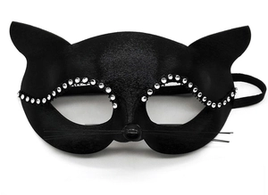 Close-up of black lace cat mask with silver rhinestones and whiskers for cosplay