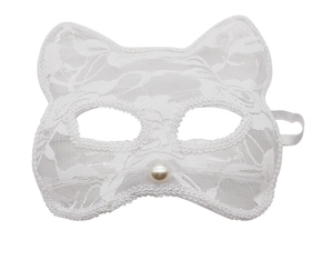 Close-up of white lace cat mask featuring pearl nose detail and elastic strap