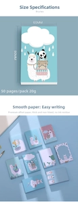 Detail view of cartoon alpaca notepad with dimensions 90x60mm and 50 thick sheets