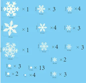 Size guide for white snowflake wall decals showing 14 measurement groups and 45 components